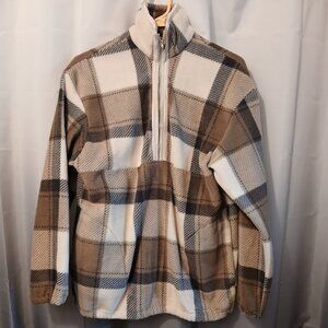 New Fleece Mock neck Sweatshirt M Plaid Beige Tan Blue 1/2 zip Pullover pockets